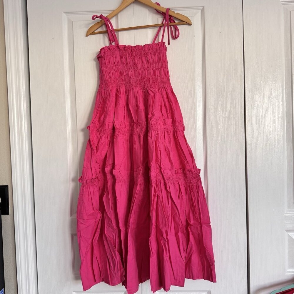 Pinch Pink Printed Tiered Midi Dress Size Medium Adjustable Tie Straps